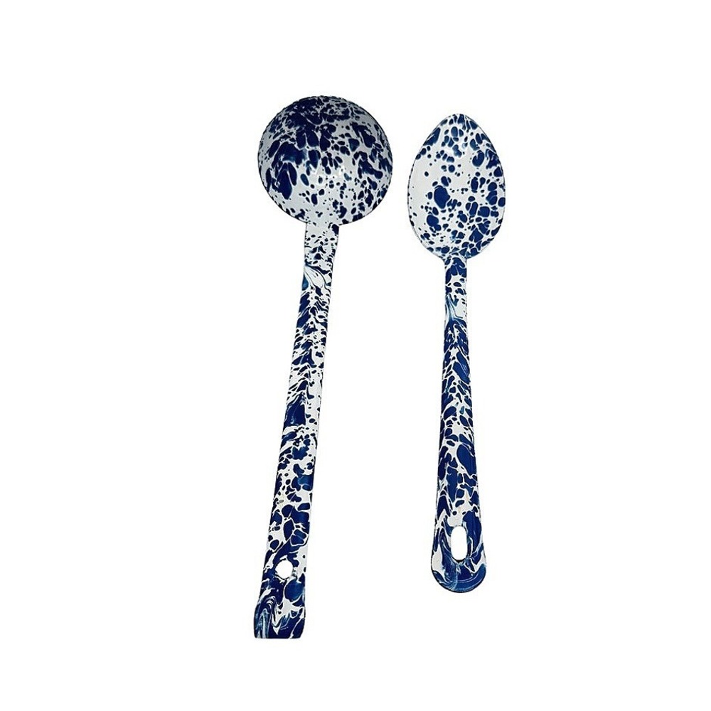 Crow Canyon Enamelware Ladle & Spoon Set Blue Marble Splatter VTG Kitchen